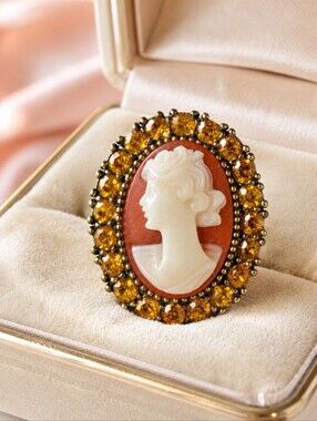 Vintage D'Orlan Cameo Brooch 2239 Gold Plated Crystal Portrait Pin